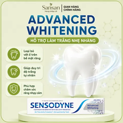 Kem Đánh Răng Sensodyne Advanced Whitening 184g x4 Giảm Ê Buốt, Làm Trắng Răng, Hơi Thở Thơm Mát