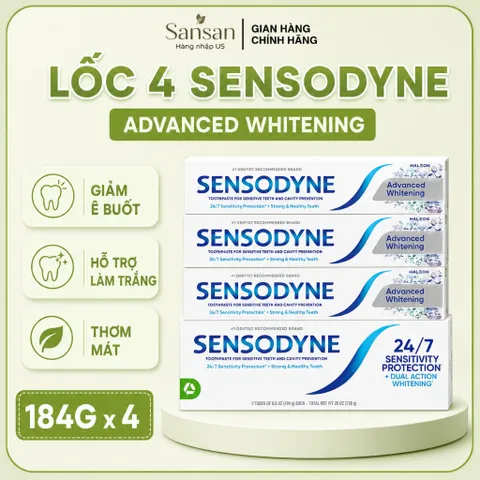 Kem Đánh Răng Sensodyne Advanced Whitening 184g x4 Giảm Ê Buốt, Làm Trắng Răng, Hơi Thở Thơm Mát