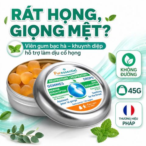 Viên Ngậm Giảm Ho Puressentiel Gommes Bạc Hà Khuynh Diệp Không Đường Dịu Cổ Họng Từ 7 Tuổi 45g