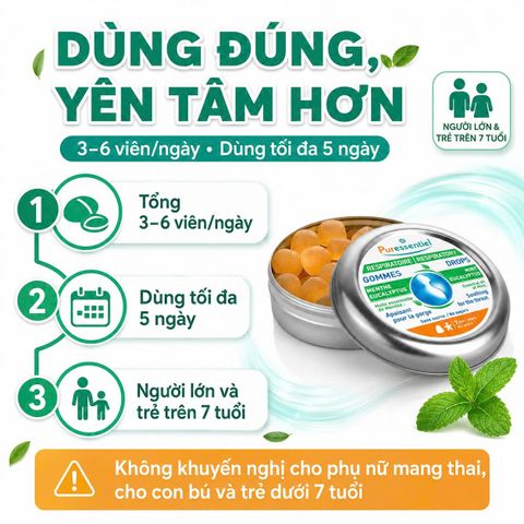 Viên Ngậm Giảm Ho Puressentiel Gommes Bạc Hà Khuynh Diệp Không Đường Dịu Cổ Họng Từ 7 Tuổi 45g