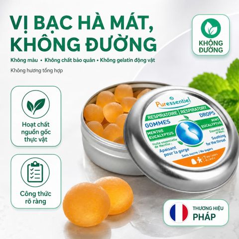 Viên Ngậm Giảm Ho Puressentiel Gommes Bạc Hà Khuynh Diệp Không Đường Dịu Cổ Họng Từ 7 Tuổi 45g