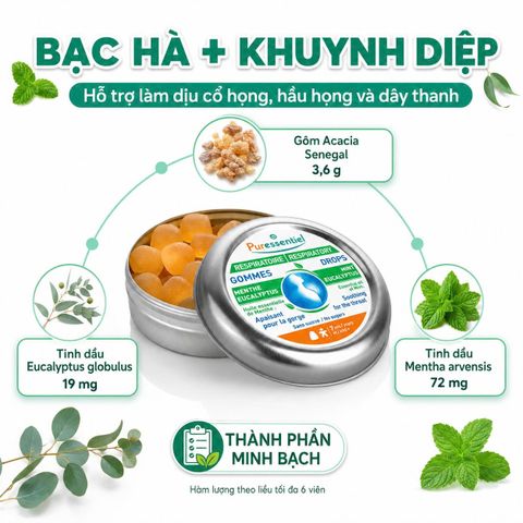 Viên Ngậm Giảm Ho Puressentiel Gommes Bạc Hà Khuynh Diệp Không Đường Dịu Cổ Họng Từ 7 Tuổi 45g