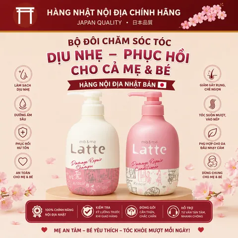 Set dầu gội xả Latte cho mẹ và bé hương hoa nhài táo 400ml x 2 