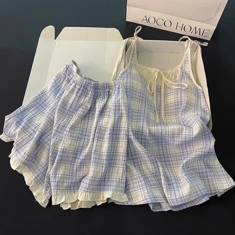 Bộ Đồ Ngủ Cotton Xanh Kẻ Sọc Phong Cách Mới Mùa Hè, Có Miếng Lót Ngực