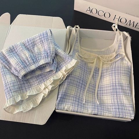 Bộ Đồ Ngủ Cotton Xanh Kẻ Sọc Phong Cách Mới Mùa Hè, Có Miếng Lót Ngực