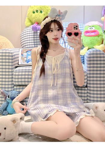 Bộ Đồ Ngủ Cotton Xanh Kẻ Sọc Phong Cách Mới Mùa Hè, Có Miếng Lót Ngực