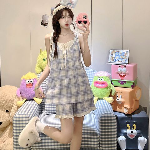 Bộ Đồ Ngủ Cotton Xanh Kẻ Sọc Phong Cách Mới Mùa Hè, Có Miếng Lót Ngực