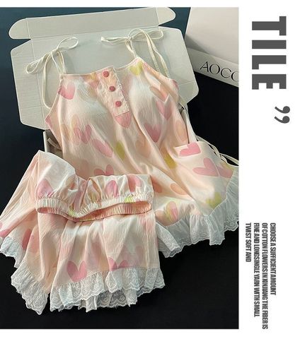 Bộ đồ nữ mặc nhà, mặc ngủ sẵn miếng lót ngực họa tiết tim xinh xắn, gợi cảm, mát rượi cho mùa hè