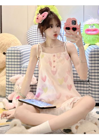 Bộ đồ nữ mặc nhà, mặc ngủ sẵn miếng lót ngực họa tiết tim xinh xắn, gợi cảm, mát rượi cho mùa hè