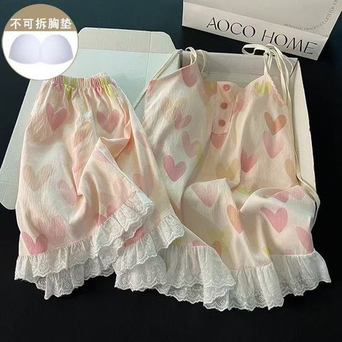 Bộ đồ nữ mặc nhà, mặc ngủ sẵn miếng lót ngực họa tiết tim xinh xắn, gợi cảm, mát rượi cho mùa hè