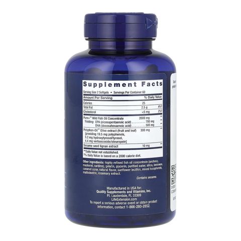 Viên uống dầu cá cô đặc Super Omega-3 Life Extension chiết xuất olive tăng cường sức khỏe tim mạch toàn diện, sản xuất Mỹ