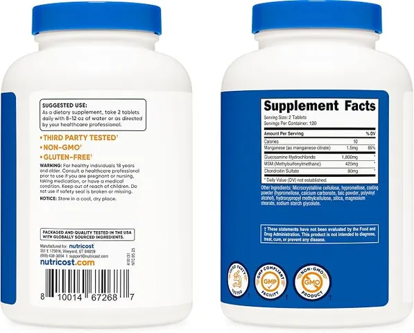 Hàng Mỹ - Nutricost Glucosamine Chondoiin MSM 240 viên - Hỗ trợ xương khớp, vận động linh hoạt