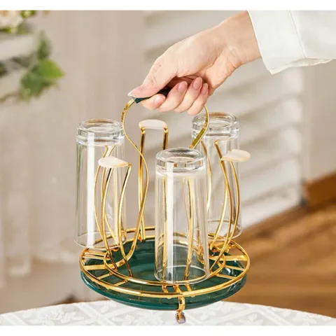 Khay úp cốc mạ vàng kèm khay đựng màu trắng Hình Tròn