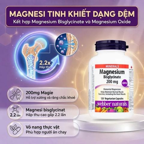 Viên uống hỗ trợ xương răng chắc khỏe Magnesium Bisglycinate Webber Naturals (120 viên)