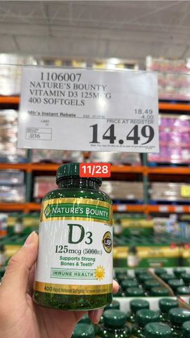 Viên uống Nature's Bounty D3 125 mcg (5000 IU) |120 & 400 viên| Kiến tạo cấu trúc xương vững chắc & Kích hoạt các tế bào miễn dịch [S/P Chuẩn Mỹ]
