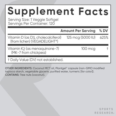 Sports Research Vitamin D3 + K2 - Hỗ trợ tim mạch giúp xương chắc khỏe, sản xuất Mỹ