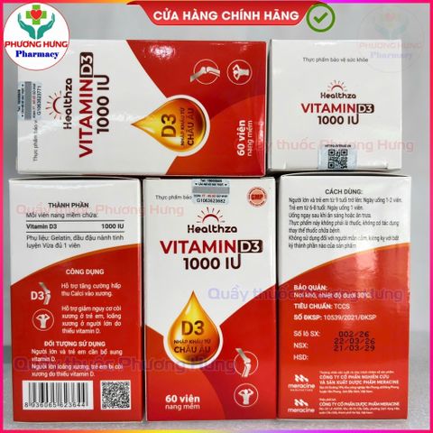 Healthza Vitamin D3 1000IU Tăng Cường Hấp Thu Calci, Giảm Nguy Cơ Còi Xương,Loãng Xương-Hộp 60 Viên