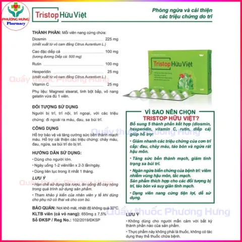 TriStop Hữu Việt Hỗ Trợ Người Bệnh Trĩ, Tăng Sức Bền Thành Mạch, Cải Thiện Sa Búi Trĩ - Hộp30 Viên