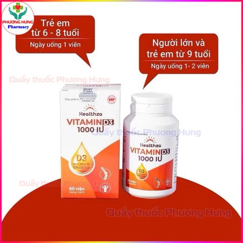 Healthza Vitamin D3 1000IU Tăng Cường Hấp Thu Calci, Giảm Nguy Cơ Còi Xương,Loãng Xương-Hộp 60 Viên