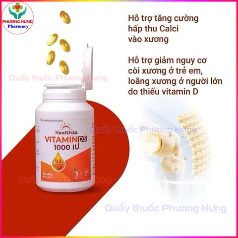Healthza Vitamin D3 1000IU Tăng Cường Hấp Thu Calci, Giảm Nguy Cơ Còi Xương,Loãng Xương-Hộp 60 Viên