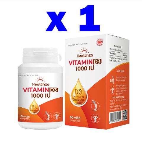 Healthza Vitamin D3 1000IU Tăng Cường Hấp Thu Calci, Giảm Nguy Cơ Còi Xương,Loãng Xương-Hộp 60 Viên