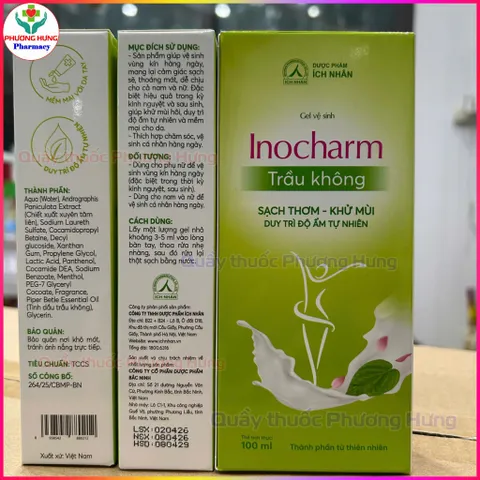 InoCharm Ích Nhân Gel Dung Dịch Vệ Sinh Phụ Nữ Trầu Không,Sạch Thơm,Khử Mùi,Giữ Ẩm-Chai 100ml