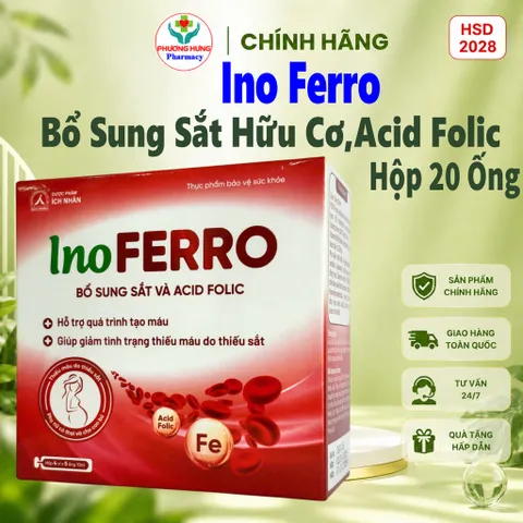Ino Ferro Ích Nhân Bổ Sung Sắt Hữu Cơ,  Acid Folic Giảm Tình Trạng Thiếu Máu Do Thiếu Sắt-Hộp 20 Ống