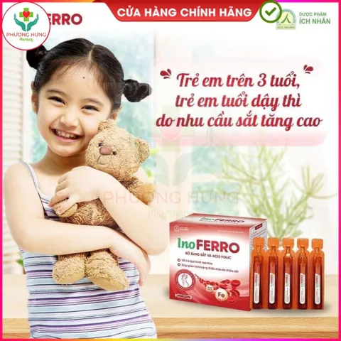 Ino Ferro Ích Nhân Bổ Sung Sắt Hữu Cơ,  Acid Folic Giảm Tình Trạng Thiếu Máu Do Thiếu Sắt-Hộp 20 Ống