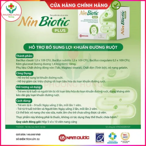 Men Vi Sinh Nin Biotic Plus Bổ Sung 3 Chủng Men Lợi Khuẩn, Cải Thiện Hệ Vi Sinh Đường Ruột- Hộp 50v