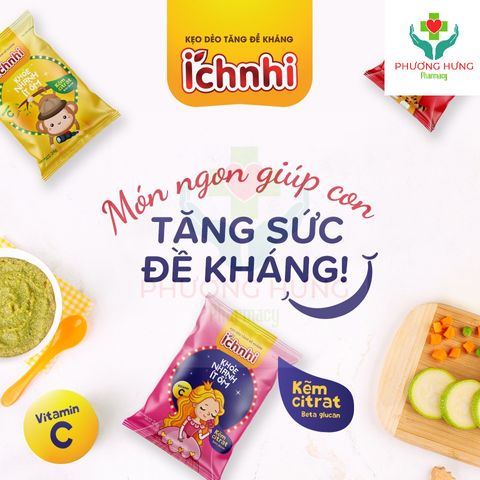 Kẹo dẻo Ích Nhi, có nhiều loại giúp bổ sung DHA, Vitamin C, Canxi, Lợi khuẩn, Tăng đề kháng cho bé, ăn rất ngon-Gói 24g