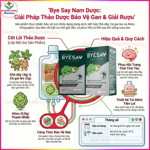 Nước Giải Rượu Byesay Nam Dược Giảm Triệu Chứng Say Rượu Bia, Tăng Cường Giải Độc Gan-Hộp 6 Túi