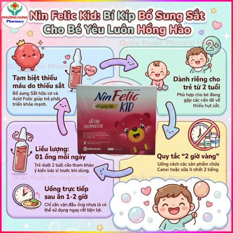 Nin Felic Kid Nam Dược Bổ Sung Sắt Hữu Cơ Và Acid Folic Giảm Thiếu Máu Do Thiếu Sắt Ở Trẻ-Hộp 20 Ống