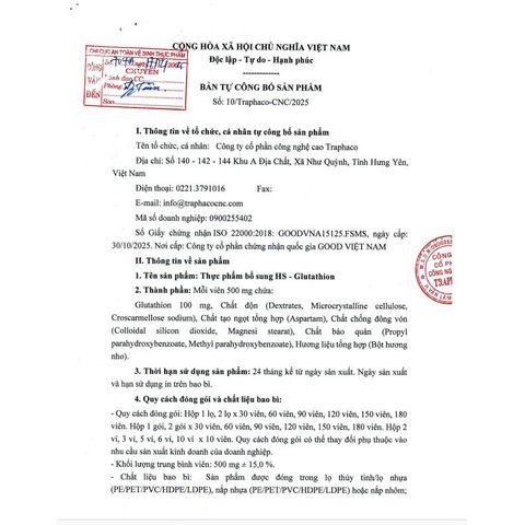 Viên Ngậm Trắng Da HS-Glutathion của Traphaco Giúp Chăm Sóc Da,Sáng Da Và Đều Màu Da - Hộp 30 Viên
