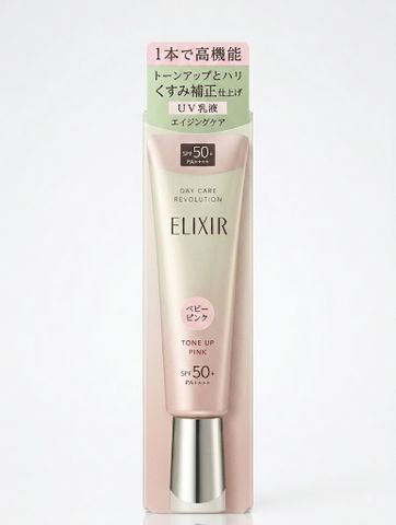 Kem Chống Nắng Nâng Tone Shiseido Elixir Day Care Revolution Tone Up Pink SPF 50+ - Bảo Vệ Da, Làm Sáng Da Tự Nhiên 2in1