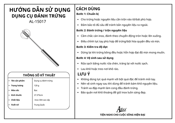 Dụng cụ đánh trứng inox 304 ALIZZ AL