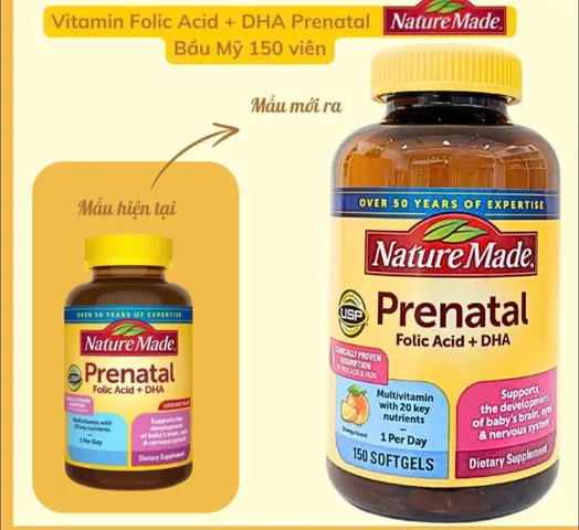 ( HÀNG CHÍNH HÃNG MỸ) VITAMIN TỔNG HỢP CHO MẸ BẦU - NATURE MADE PRENATAL FOLIC ACID DHA+ 150 VIÊN