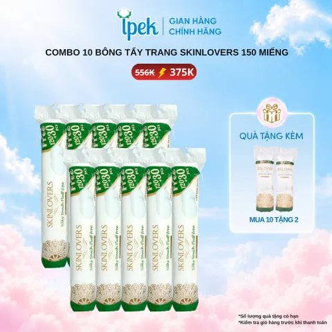 [Tặng kèm 2 Bông] Combo 10 Bông Tẩy Trang Skinlovers 150 Miếng 100% Cotton Mềm Mại Làm Sạch Hiệu Quả