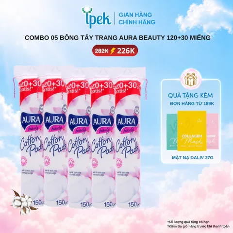 [Tặng quà] Combo 5 gói bông tẩy trang Aura Beauty 150 miếng không xơ bông 100% cotton tự nhiên