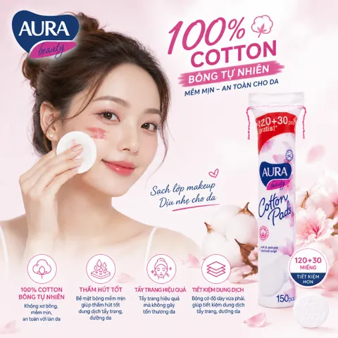 [Tặng quà] Combo 5 gói bông tẩy trang Aura Beauty 150 miếng không xơ bông 100% cotton tự nhiên
