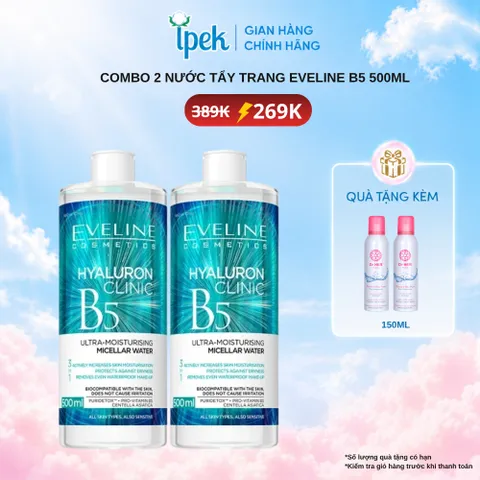 Combo 2 Chai Nước tẩy trang Eveline Hyaluron Clinic B5 dưỡng ẩm da 500ML