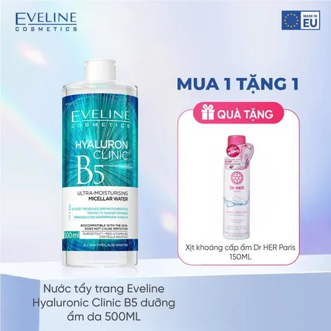 Combo 2 Chai Nước tẩy trang Eveline Hyaluron Clinic B5 dưỡng ẩm da 500ML