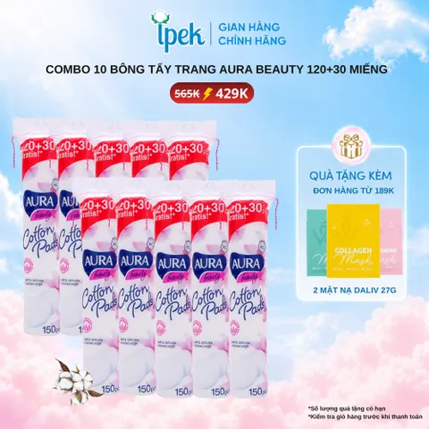 [Tặng quà] Combo 10 bông tẩy trang Aura 150 miếng 100% cotton làm sạch chính hãng, dành cho mọi loại da