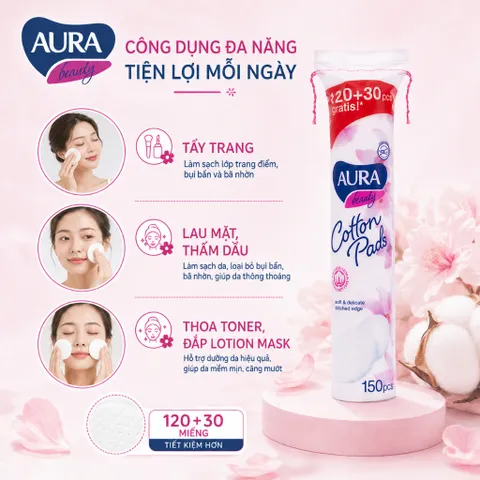 [Tặng quà] Combo 10 bông tẩy trang Aura 150 miếng 100% cotton làm sạch chính hãng, dành cho mọi loại da