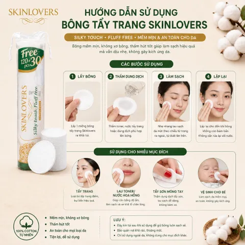 [Tặng quà] Combo 5 Bông Tẩy Trang Skinlovers Cao Cấp Làm Sạch Dịu Nhẹ Mềm Mịn Cho Da Nhạy Cảm 150 miếng