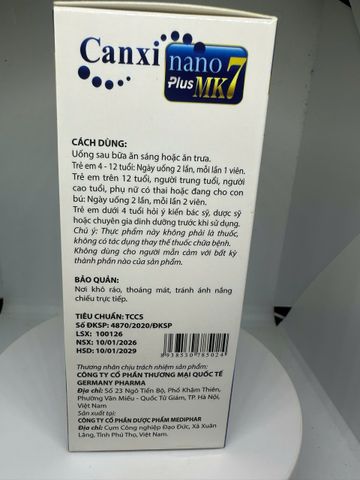 Viên uống Canxi Nano Plus MK7 (Chai 30 viên) Hỗ trợ phát triển xương và chiều cao cho trẻ em và giảm nguy cơ loãng xương