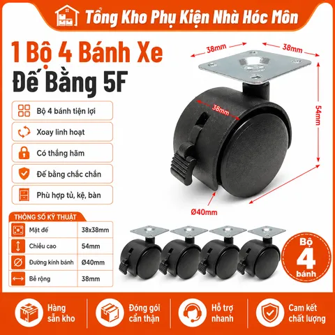 Bánh Xe Nhựa Đen 40mm M6x27 - Tyren Trơn Không Khóa Dễ Lắp Đặt Cho Tủ Văn Phòng Và Ghế Xoay