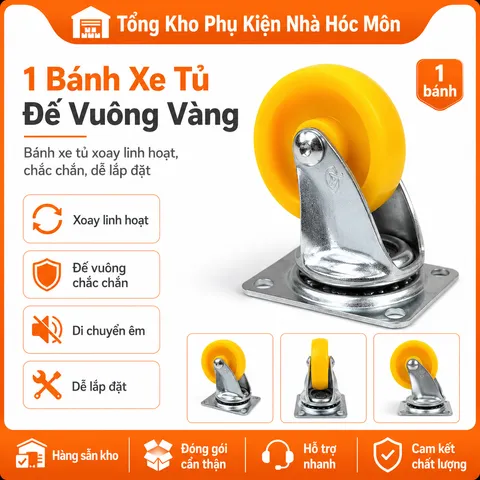 Bánh Xe Tủ Đế Vuông Vàng - Hai Vòng Bi, Không Khóa, Lắp Đặt Dễ Dàng, Tải Trọng 30-50kg, Đủ Kích Thước Phi 30-70mm