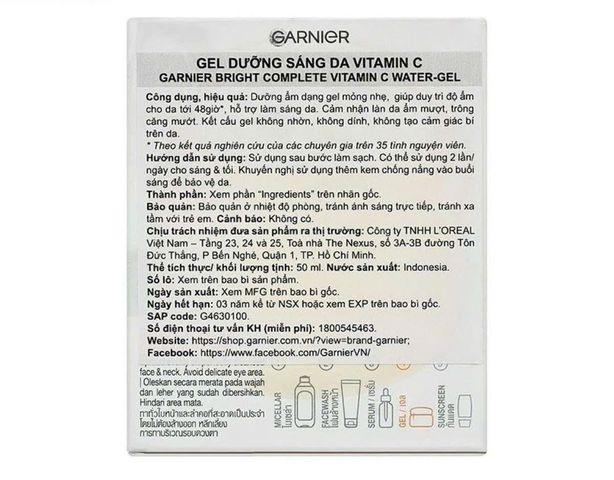 Gel Dưỡng Ẩm Trắng Da Garnier Bright Complete Vitamin C Water Gel 50ml [hàng nhập khẩu]
