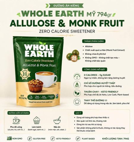 (HÀNG CHÍNH HÃNG MỸ) ĐƯỜNG ĂN KIÊNG WHOLE EARTH ALLULOSE & MONK FRUIT 794G