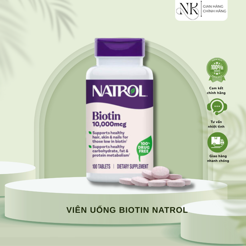 (HÀNG CHÍNH HÃNG MỸ) VIÊN UỐNG BIOTIN NATROL 10,000MCG – ĐẸP DA, KHỎE TÓC & MÓNG 100 viên